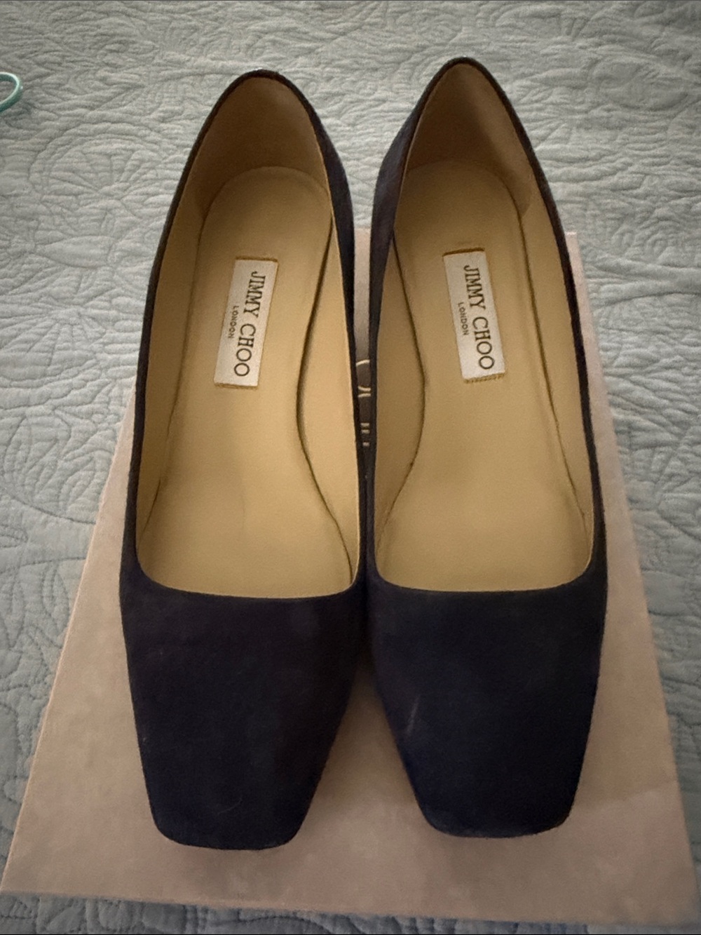 Jimmy Choo Navy Suede Pointed Flats with Gold Logo